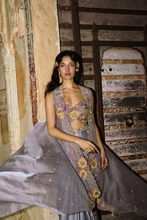 Lilac drape satin skirt set with organza cape