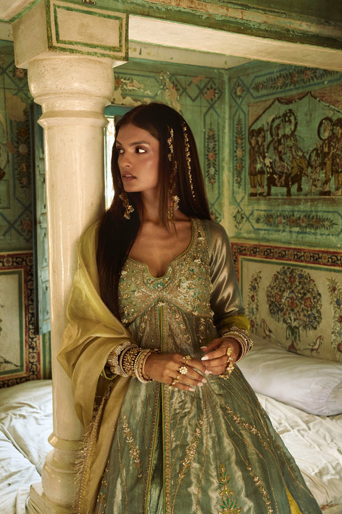 Moonlight blue tissue jacket with crushed silk skirt set