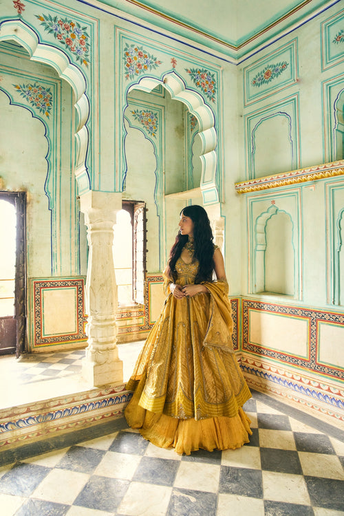 Mustard Yellow Zari Tissue Jacket With Crushed Skirt Set