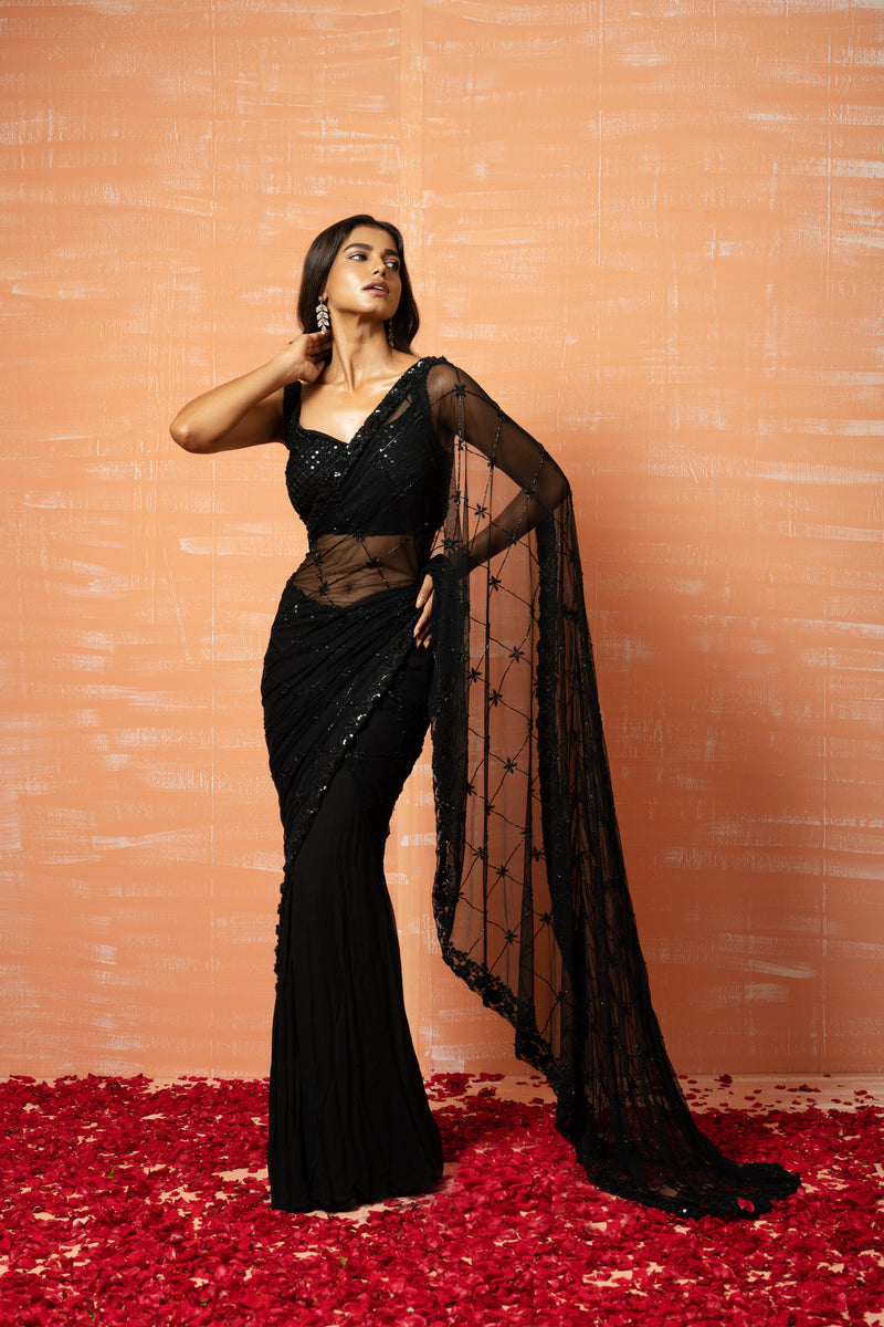 Black Hand-Embroidered Saree SET