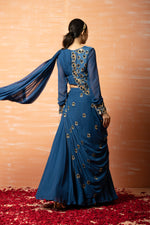 Blue Hand Embroidered Jacket  Sharara part Saree Set