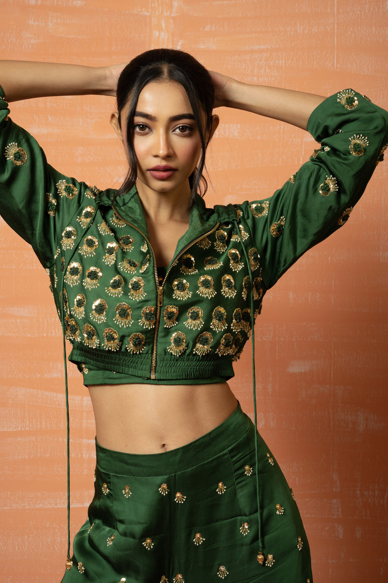 Green Hand Embroidered hoodie and palazozo pant set