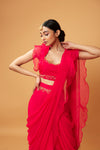 FUSCHIA PINK RUFFLE SAREE WITH LACE.