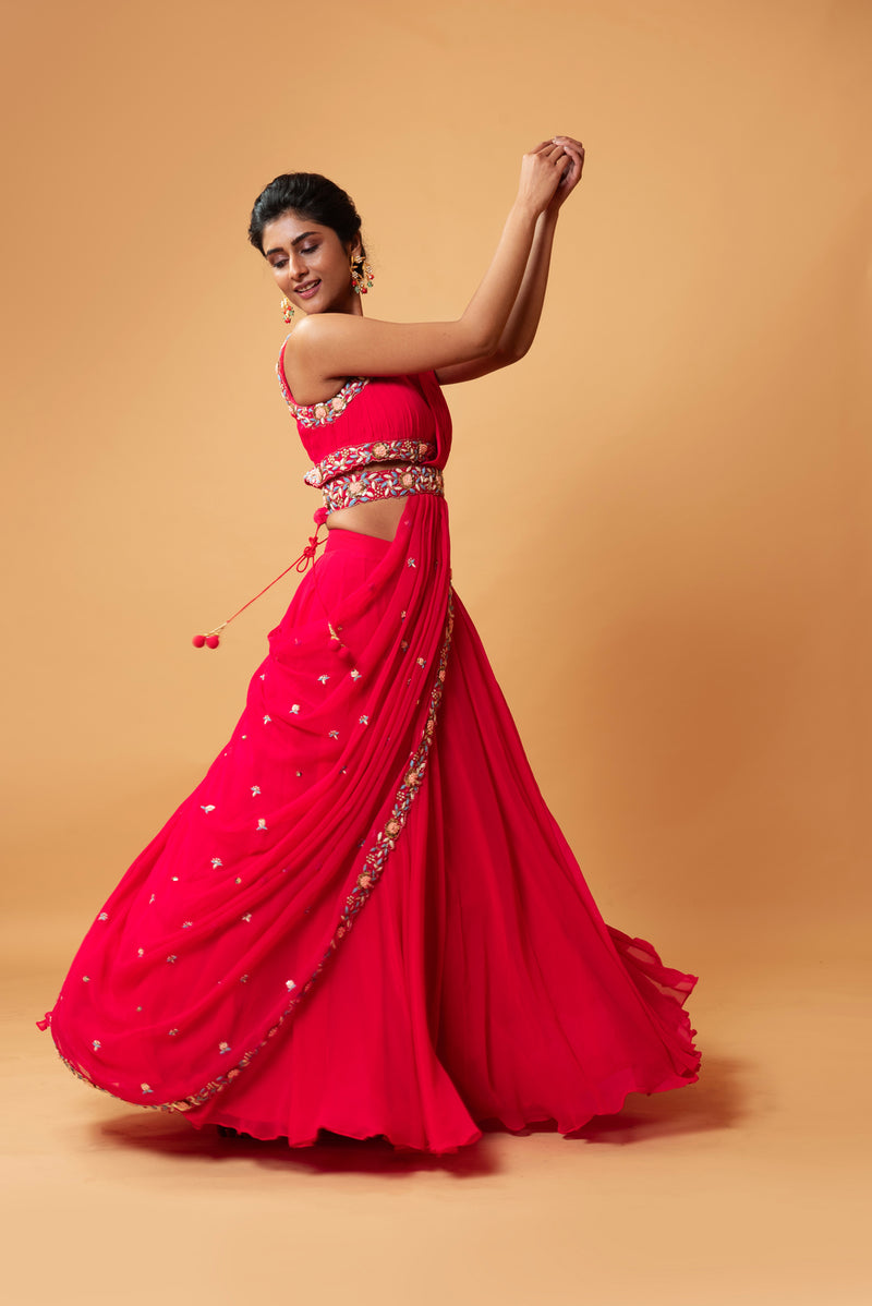 Draped lehenga with georgette fabric and pure handwork