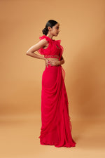 FUSCHIA PINK RUFFLE SAREE WITH LACE.