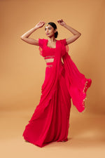 FUSCHIA PINK RUFFLE SAREE WITH LACE.