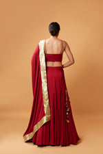 DEEP RED COLOURED SLEEVELESS LEHENGA.