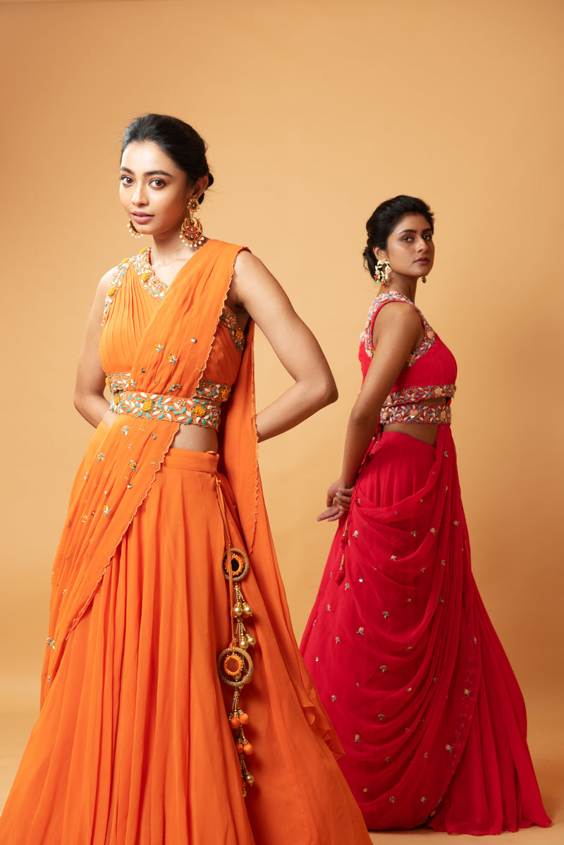 Draped lehenga with georgette fabric and pure handwork