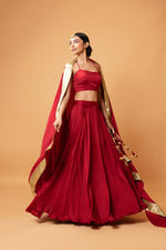 DEEP RED COLOURED SLEEVELESS LEHENGA.