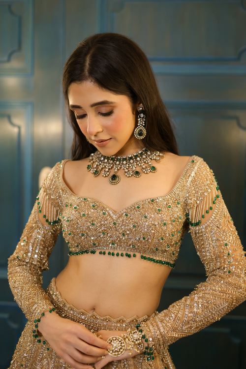 Gold Net Floral Embroidered Lehenga Set