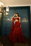 Red Net Sequins Embroidered Fish-Cut Lehenga Set