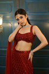 Red Net Sequins Embroidered Fish-Cut Lehenga Set
