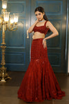 Red Net Sequins Embroidered Fish-Cut Lehenga Set