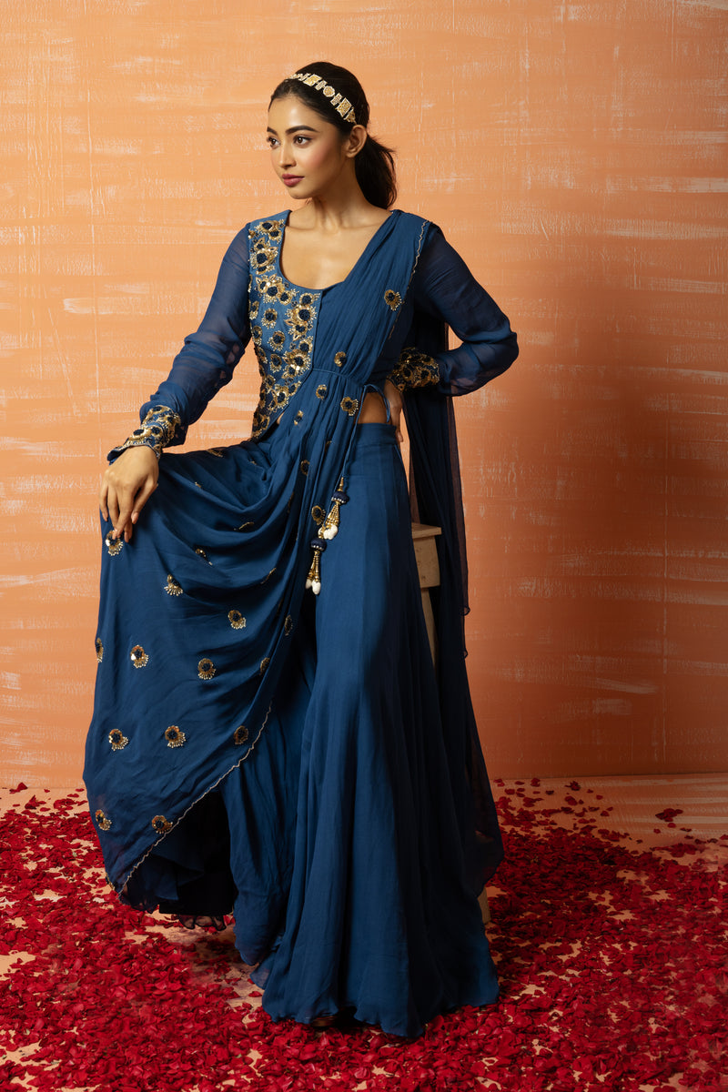 Blue Hand Embroidered Jacket  Sharara part Saree Set