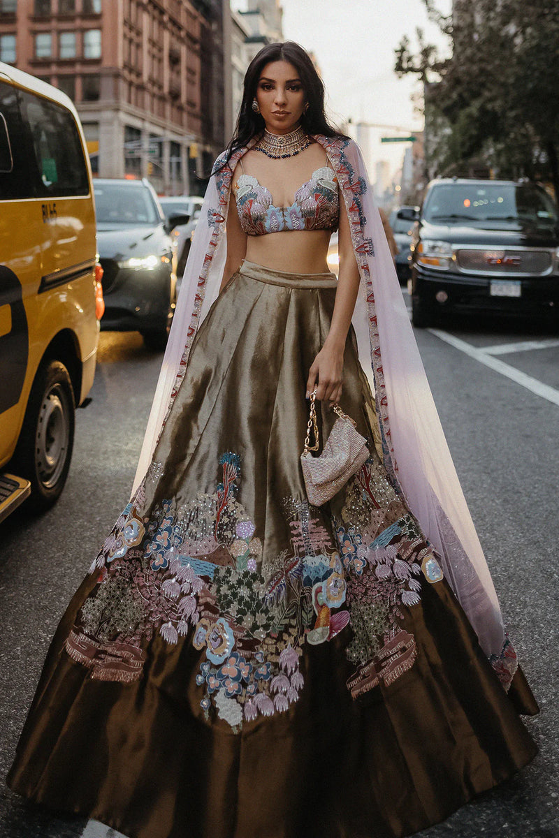 Two Tone Antique Gold Tissue Appliquéd And Embellished Lehenga