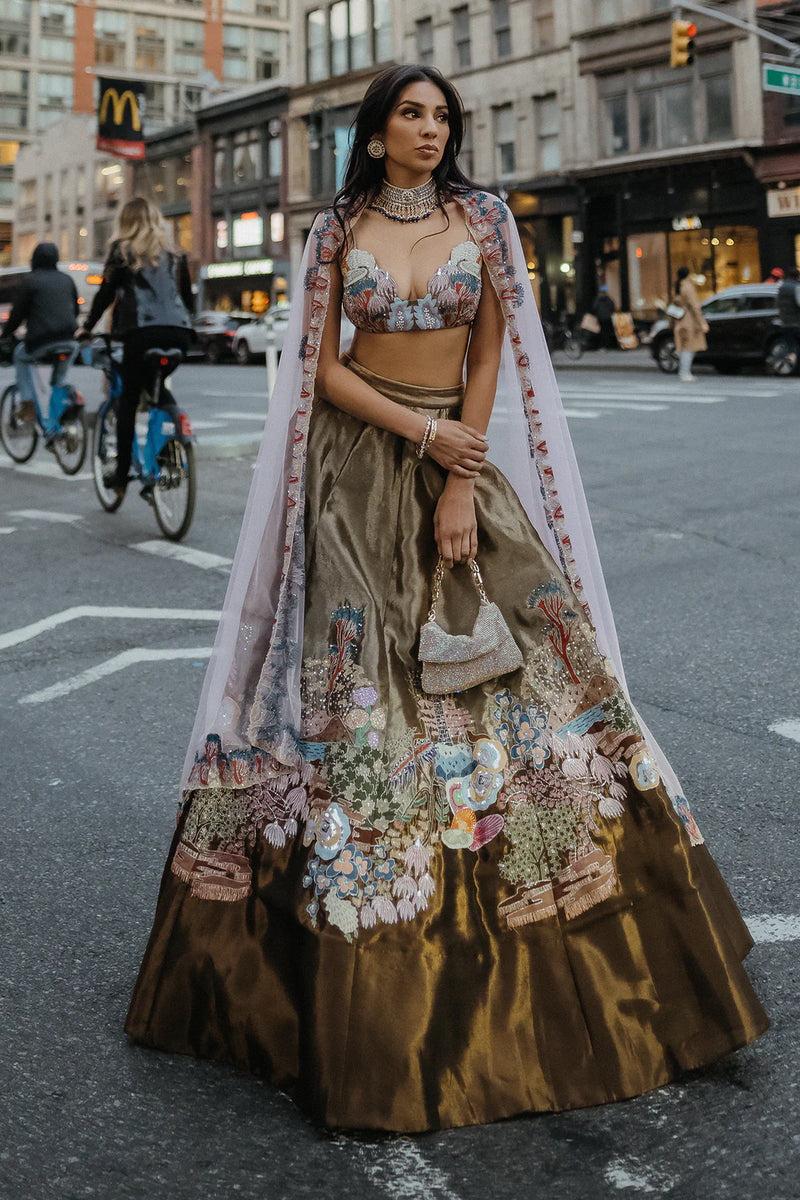 Two Tone Antique Gold Tissue Appliquéd And Embellished Lehenga