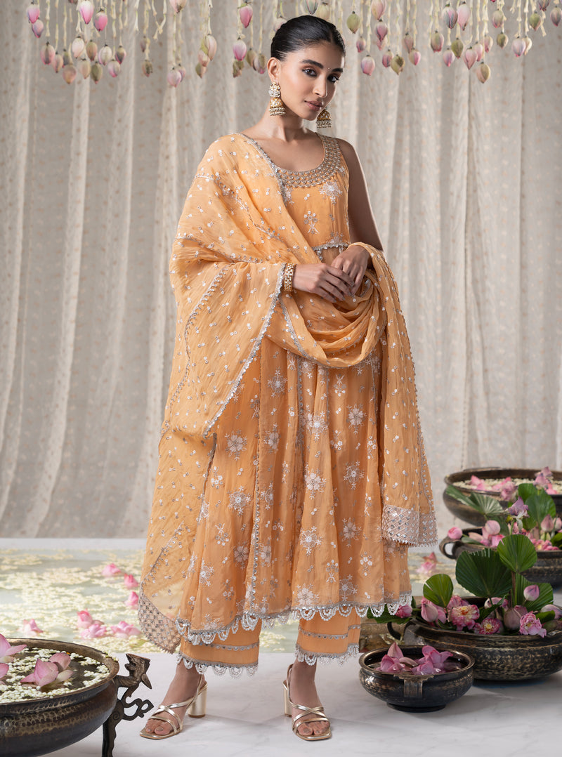 Orange Kesariya Anarkali with Kesariya Pants