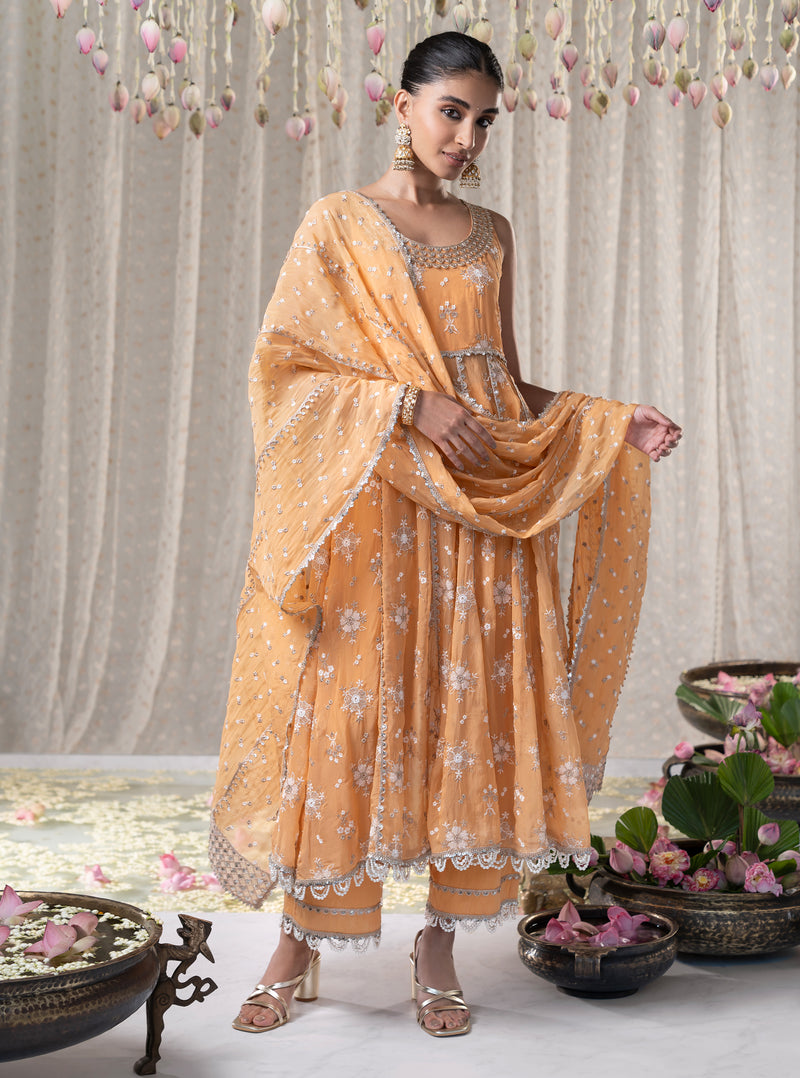 Orange Kesariya Anarkali with Kesariya Pants