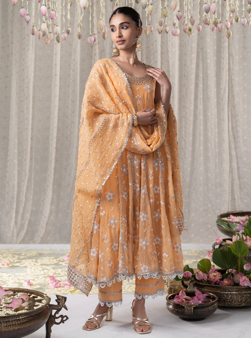 Orange Kesariya Anarkali with Kesariya Pants