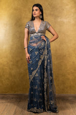 STONE BLUE TULLE SAREE WITH TAFFETA BLOUSE