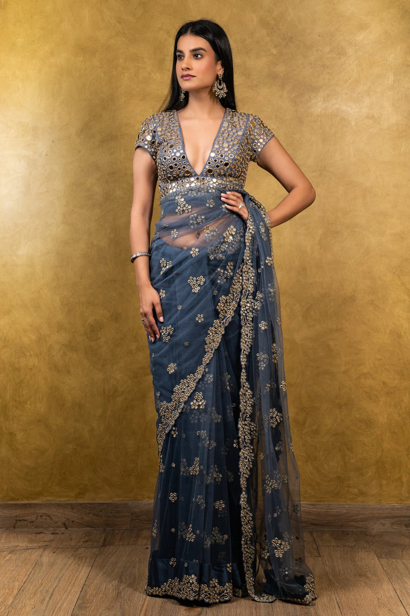 STONE BLUE TULLE SAREE WITH TAFFETA BLOUSE