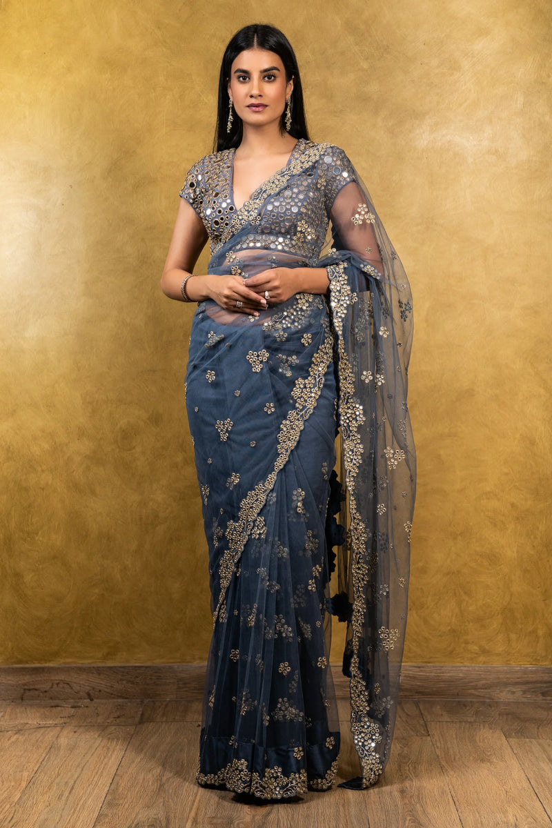 STONE BLUE TULLE SAREE WITH TAFFETA BLOUSE