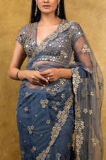 STONE BLUE TULLE SAREE WITH TAFFETA BLOUSE