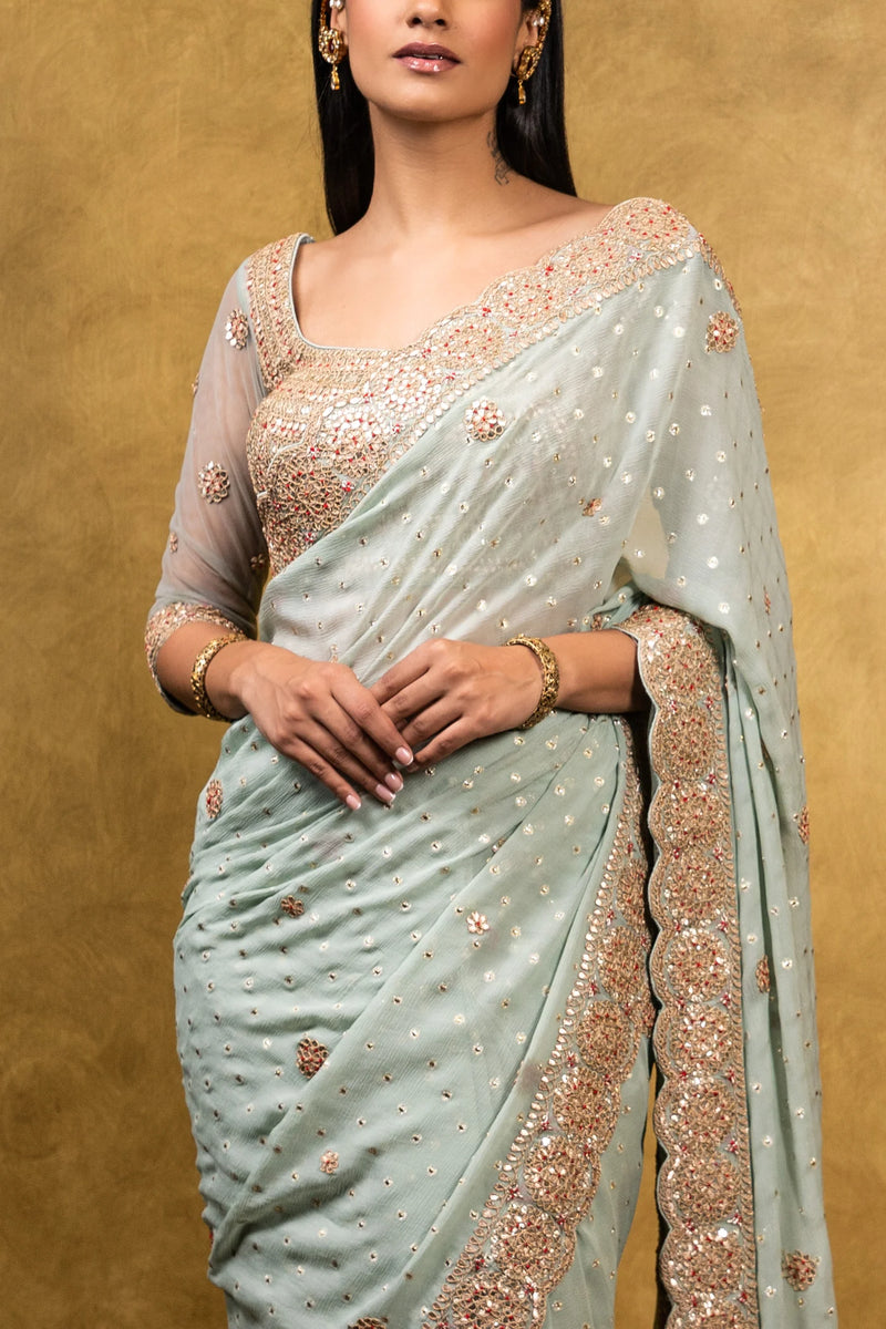 JADE GREEN CHIFFON BOOTI SAREE