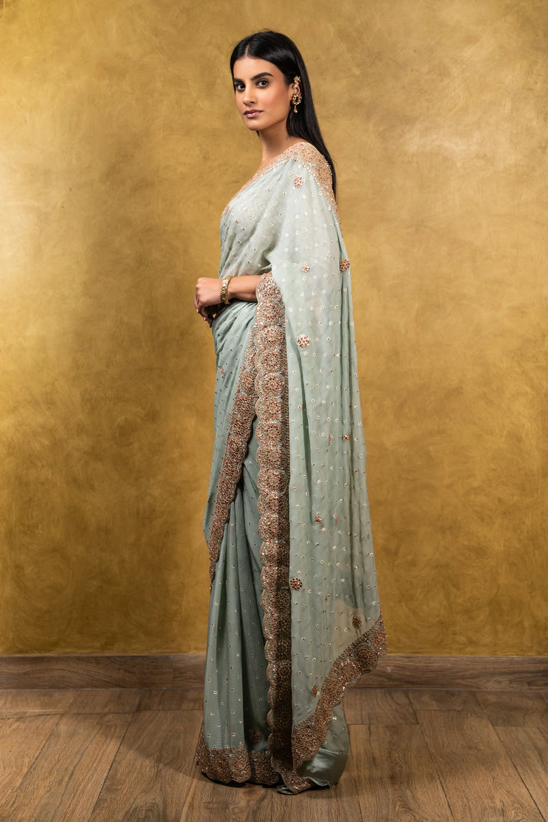 JADE GREEN CHIFFON BOOTI SAREE