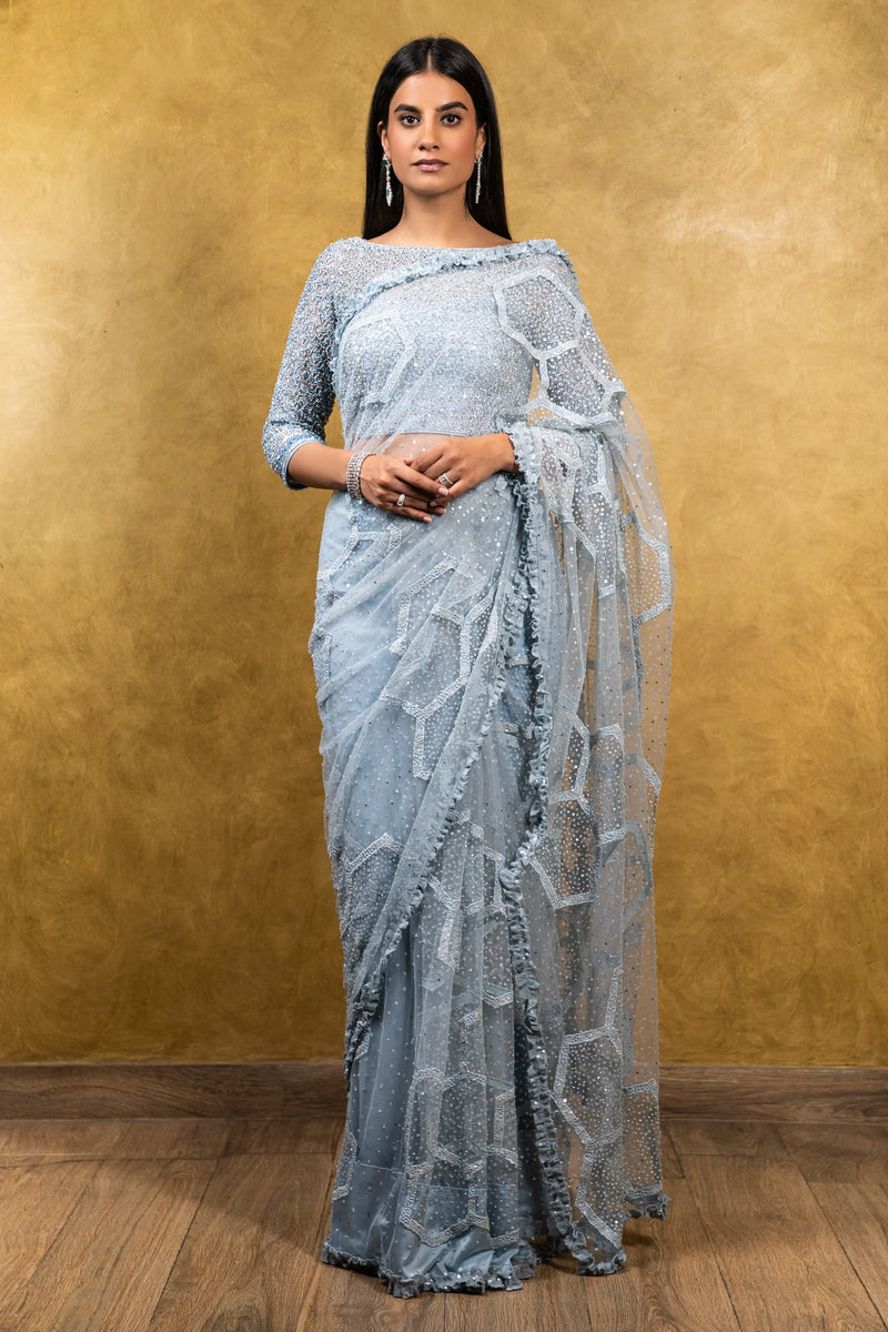 POWDER BLUE TULLE PATCHWORK SAREE