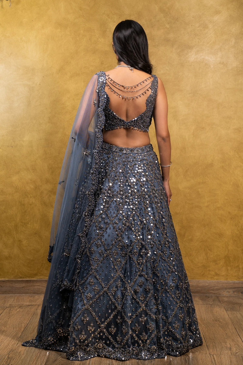 CHARCOAL GREY TULLE LEHENGA