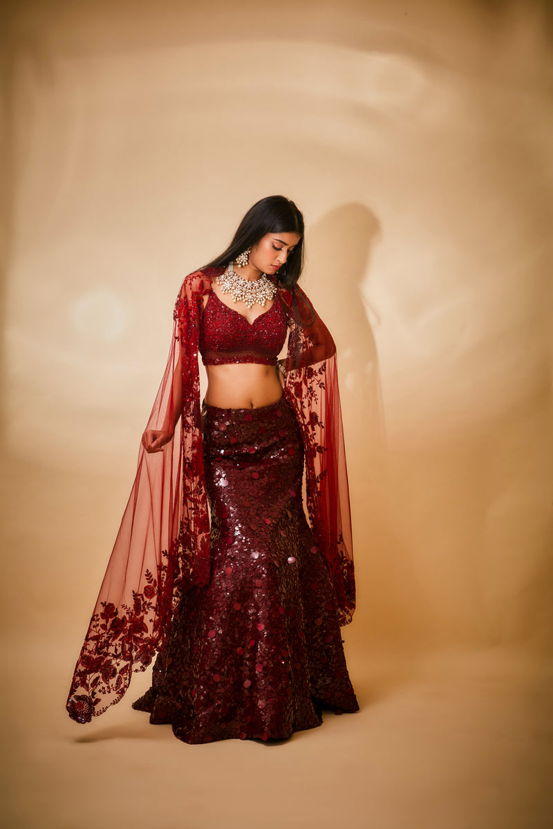 Sequin mermaid lehnga with floral dupatta and jaal blouse detail