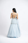 Ice Blue Organza Peplum With Georgette Booti Lehenga