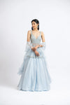 Ice Blue Organza Peplum With Georgette Booti Lehenga