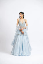 Ice Blue Organza Peplum With Georgette Booti Lehenga