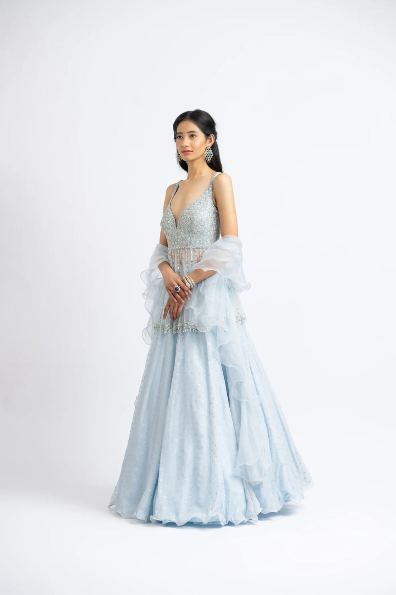 Ice Blue Organza Peplum With Georgette Booti Lehenga