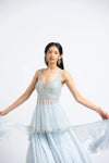 Ice Blue Organza Peplum With Georgette Booti Lehenga