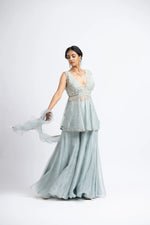 Grey Blue Organza Peplum Sharara Set.