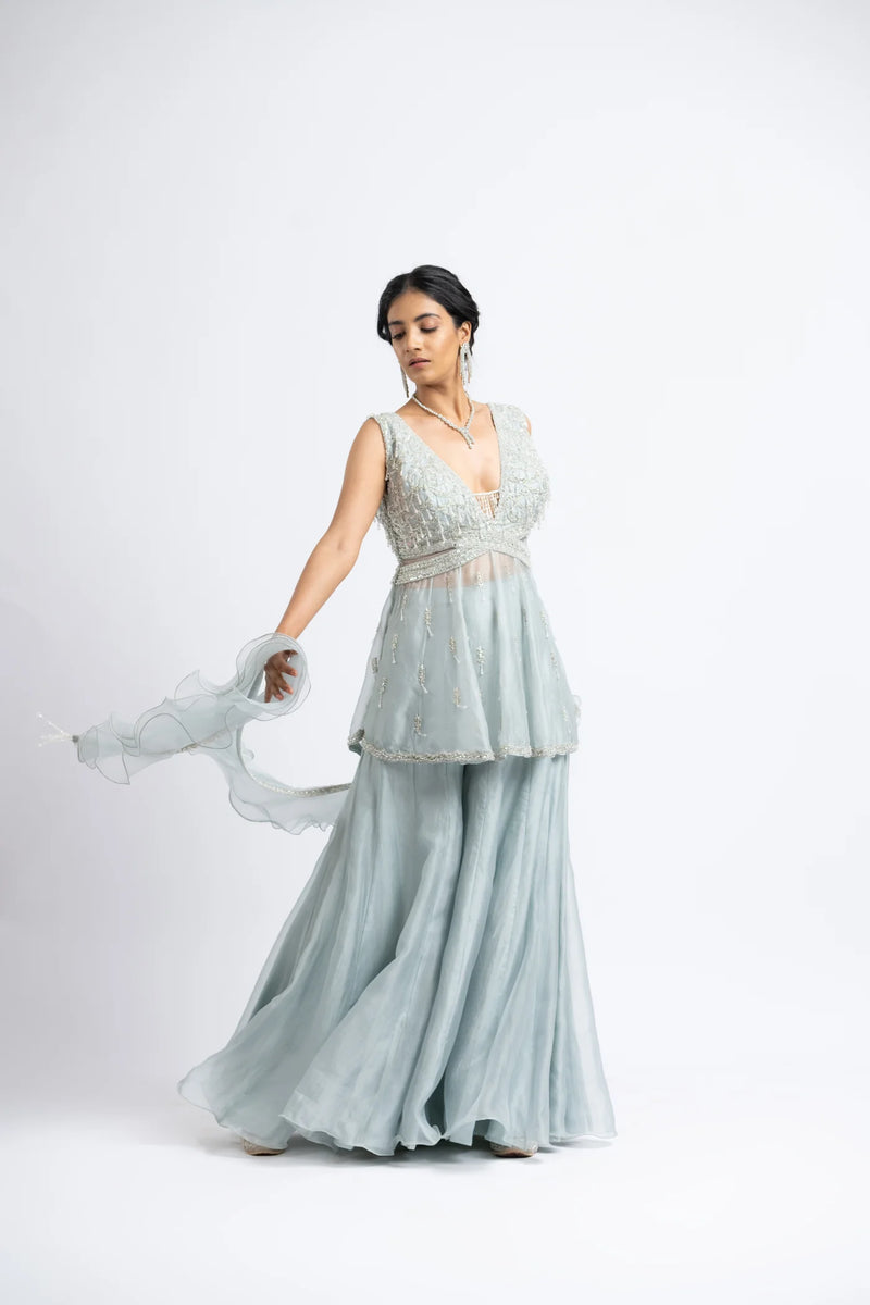 Grey Blue Organza Peplum Sharara Set.