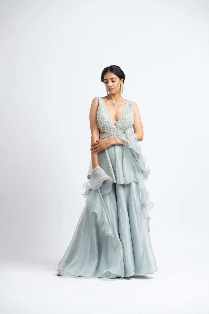 Grey Blue Organza Peplum Sharara Set.