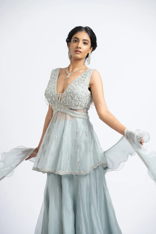 Grey Blue Organza Peplum Sharara Set.