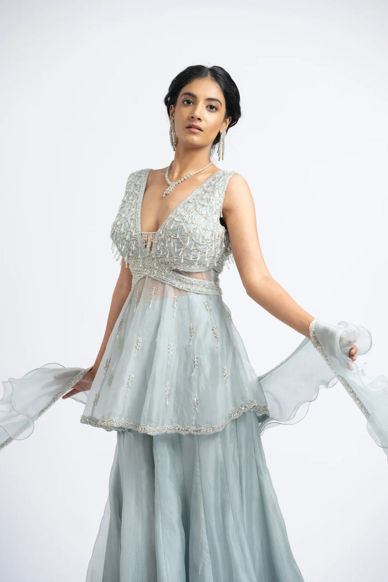 Grey Blue Organza Peplum Sharara Set.