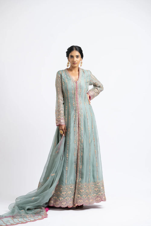 SLATE GREEN ORGANZA JACKET AND DUPATTA WITH SHARARA