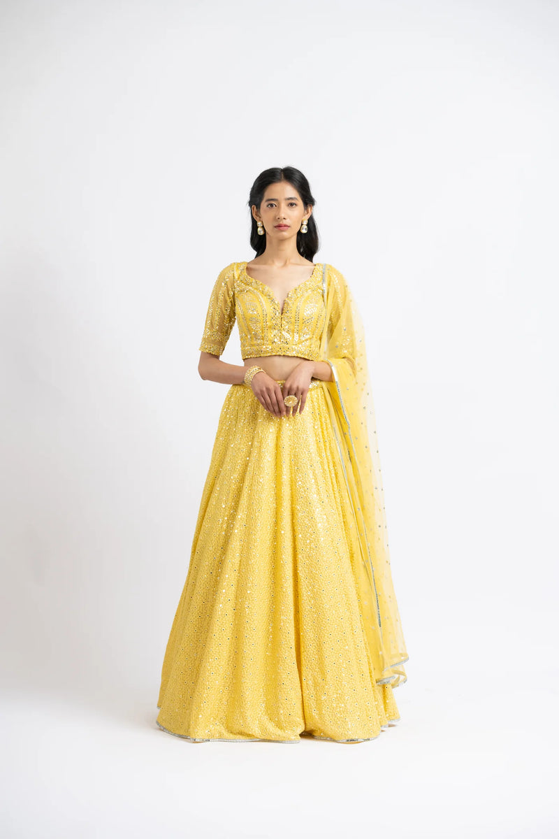 SUNHINE YELLOW  RESHAM AND PATRA  WORK LEHENGA CHOLI SET