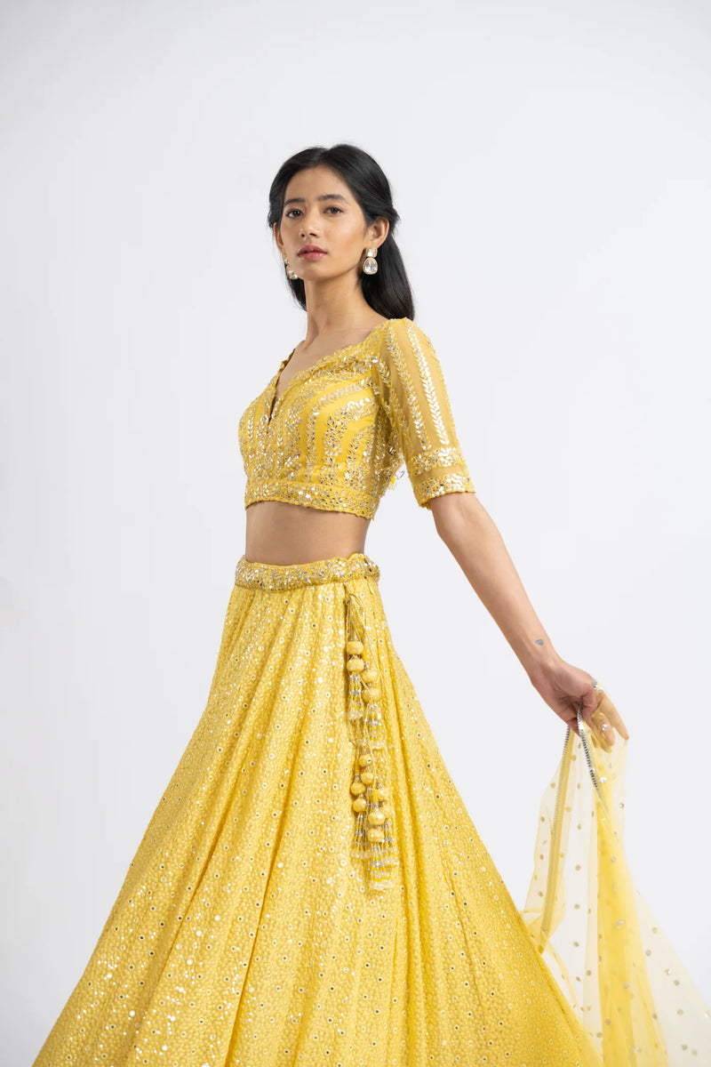 SUNHINE YELLOW  RESHAM AND PATRA  WORK LEHENGA CHOLI SET