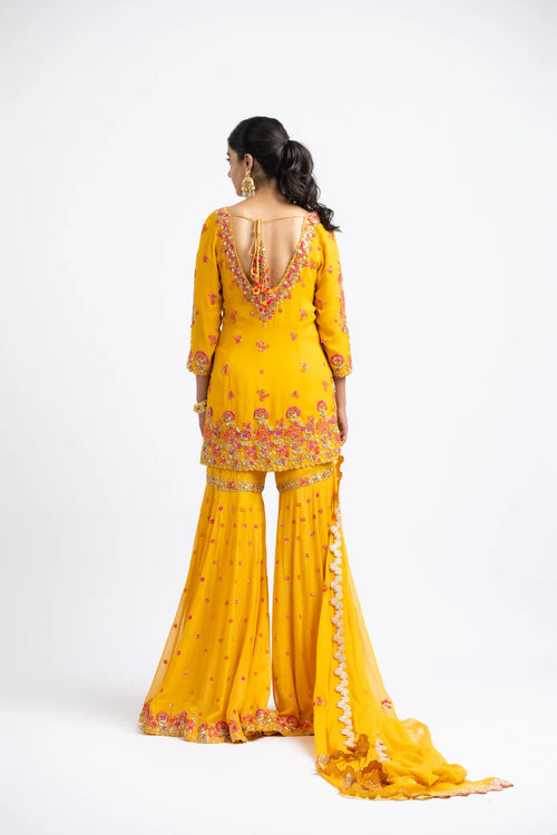 Mustard Georgette Garara Set With Net Dupatta