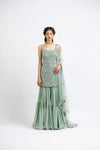 JADE GREEN TULLE SHIRT WITH LAYERED SHARARA