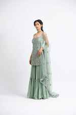 JADE GREEN TULLE SHIRT WITH LAYERED SHARARA