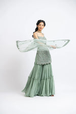 JADE GREEN TULLE SHIRT WITH LAYERED SHARARA