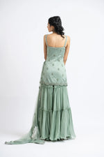 JADE GREEN TULLE SHIRT WITH LAYERED SHARARA